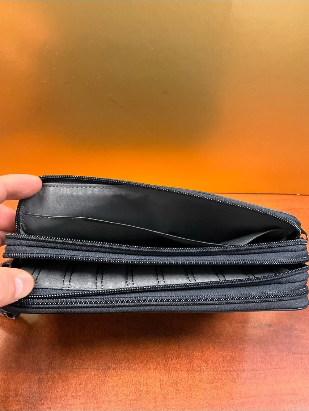 Tumi Navy Leather Toiletry Wrist Pouch